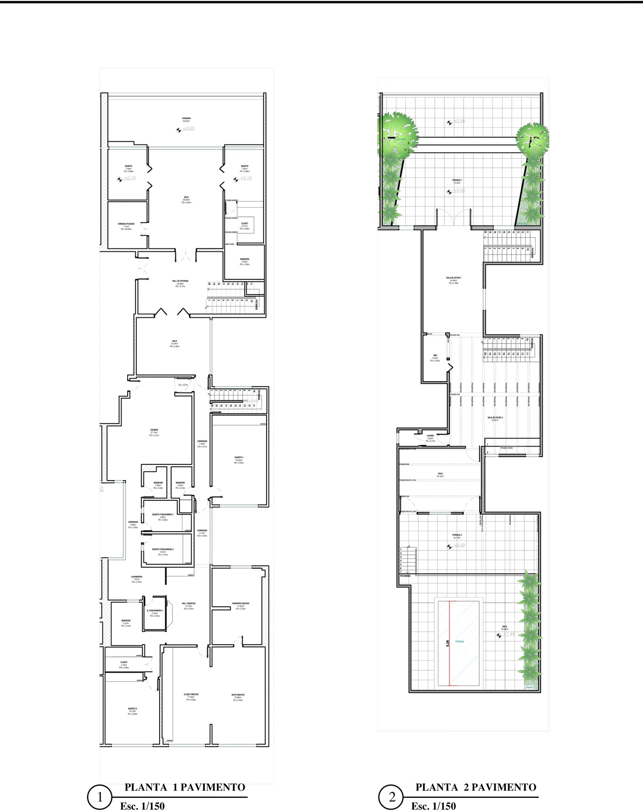 Plan de levé des deux niveaux du duplex : rez-de-chaussée et niveau toit avec piscine et terrasses.