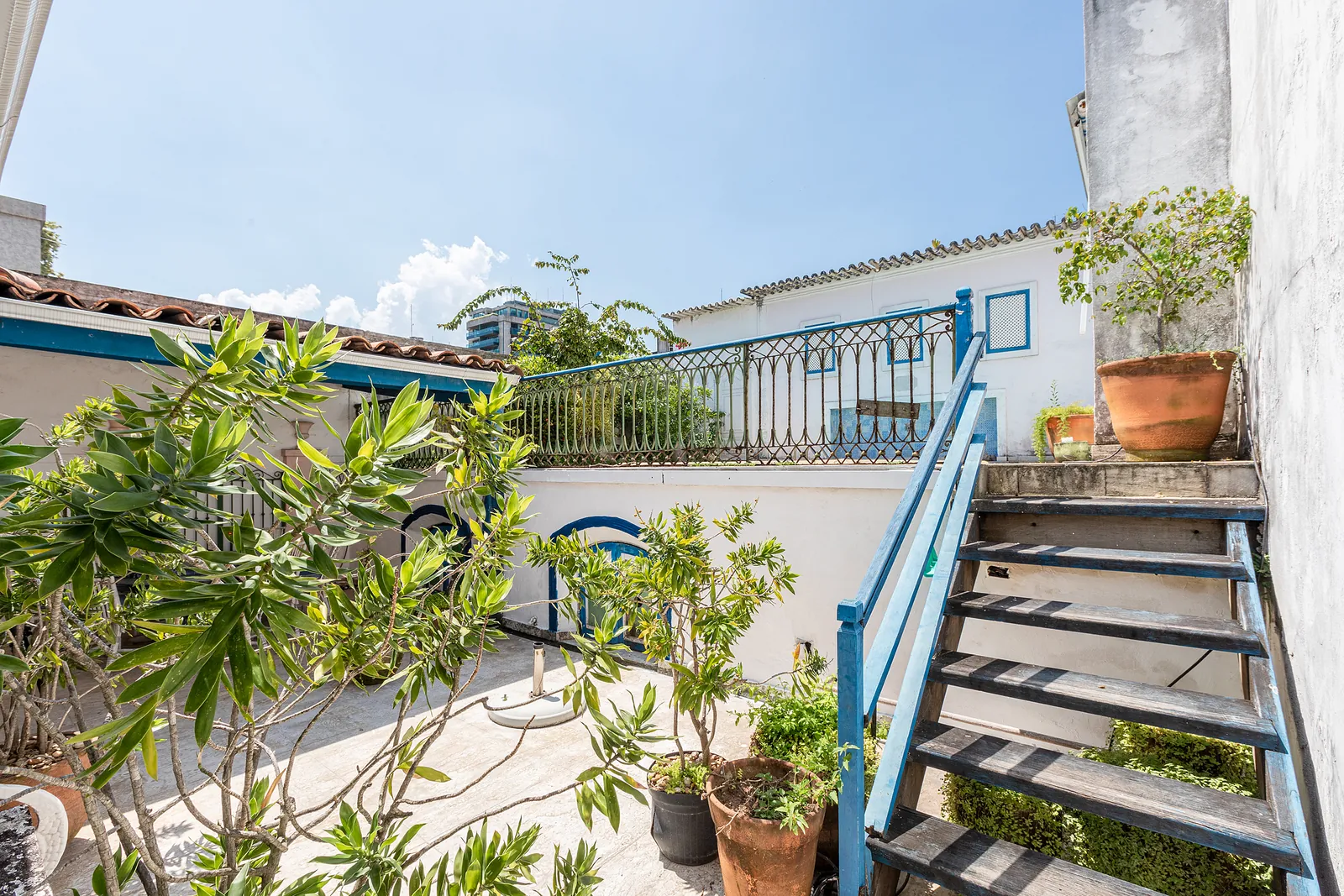 Une terrasse sur le toit avec des marches et des plantes en pot